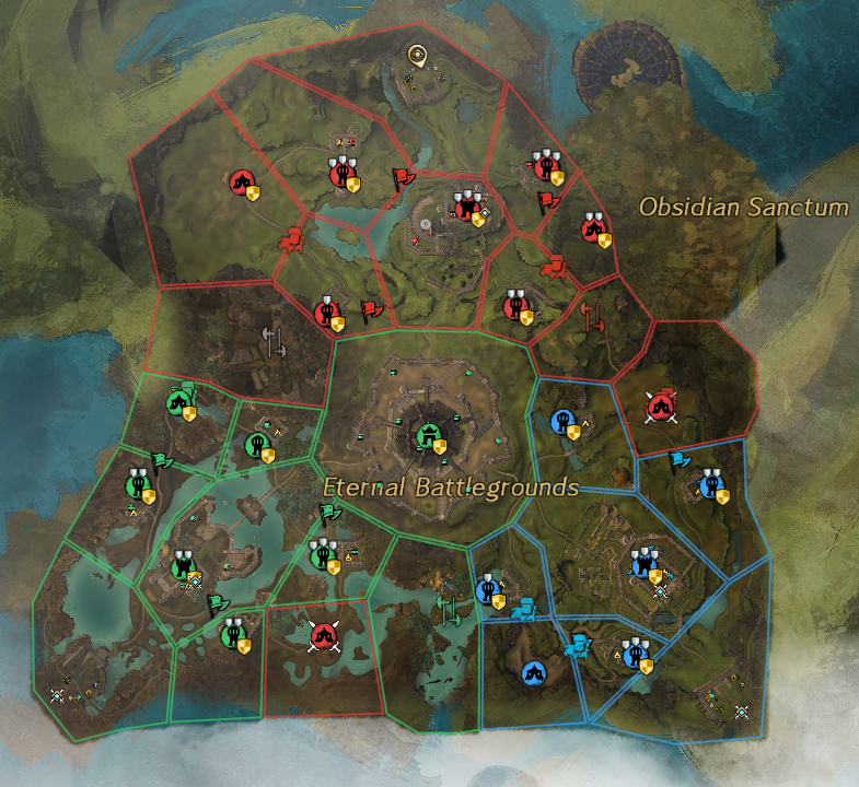 Eternal Battlegrounds WvW map showing all three team keeps and Stonemist Castle